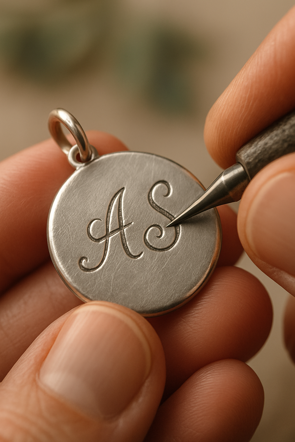 Close-up of a silver pendant being hand engraved with initials