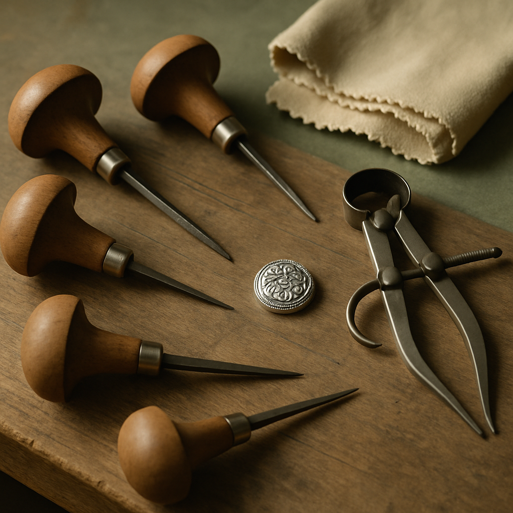 Jeweler engraving tools arranged on a warm-toned studio workbench