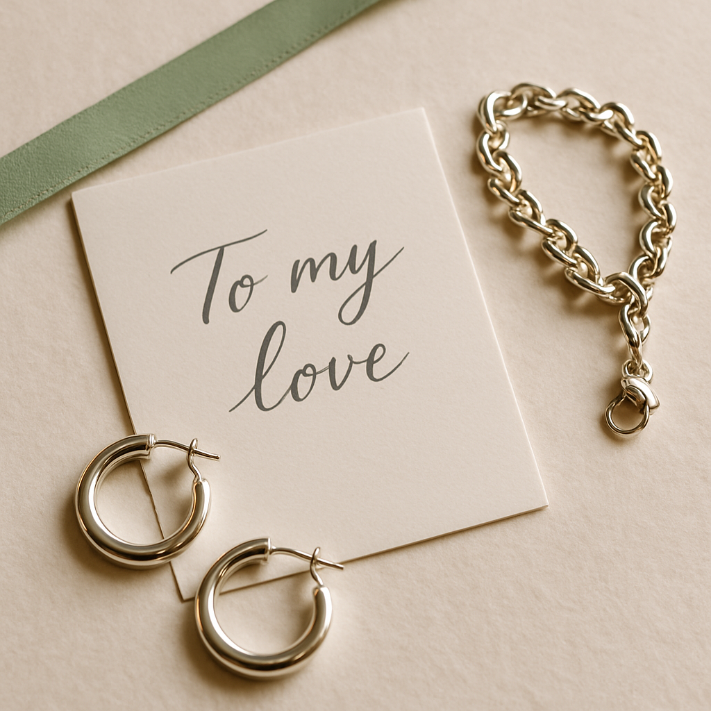 Close-up of a handwritten gift note card beside polished silver jewelry and soft ribbon