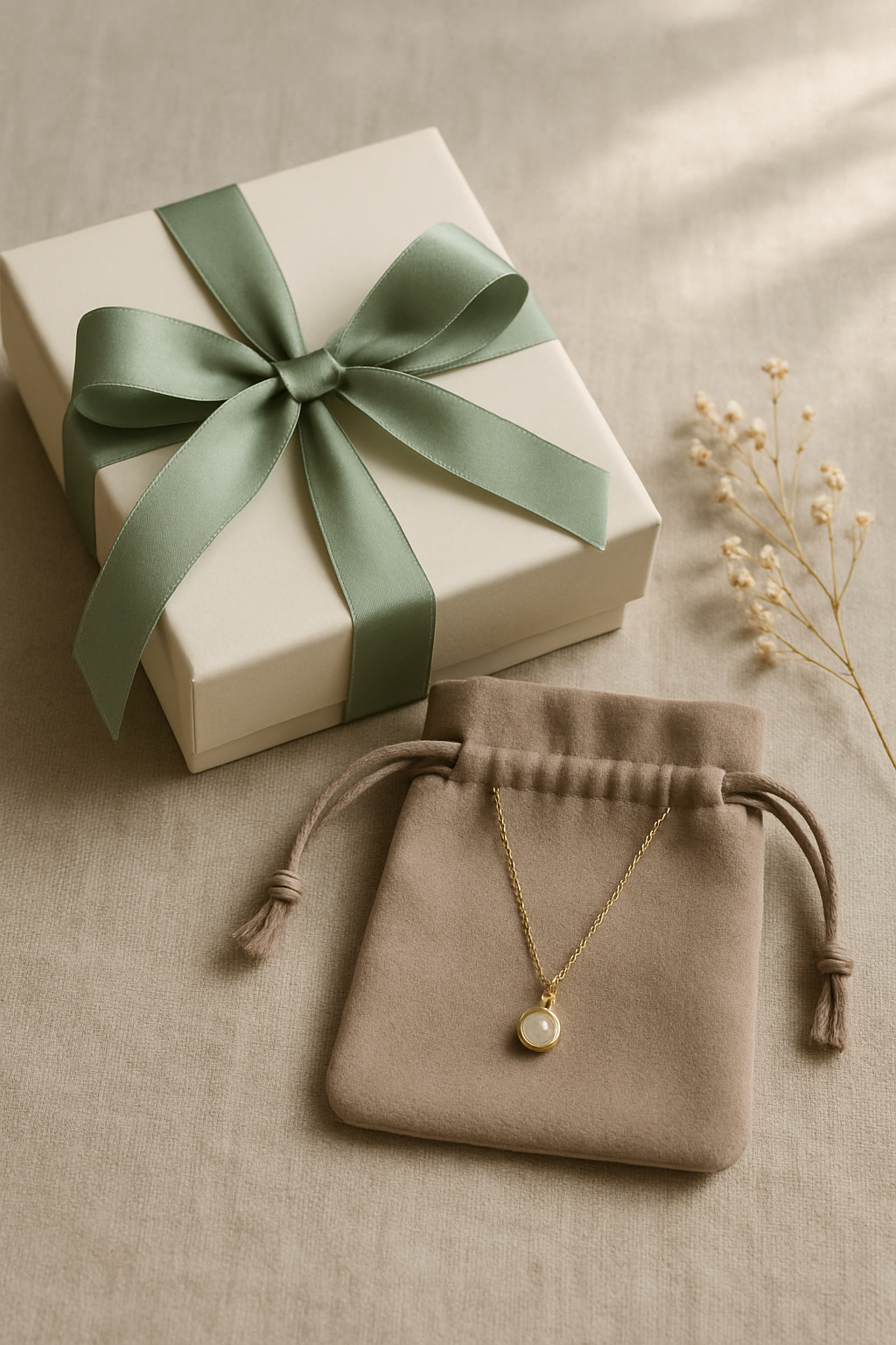 Elegant jewelry gift box with ribbon, suede pouch, and dried botanical accent on a linen surface