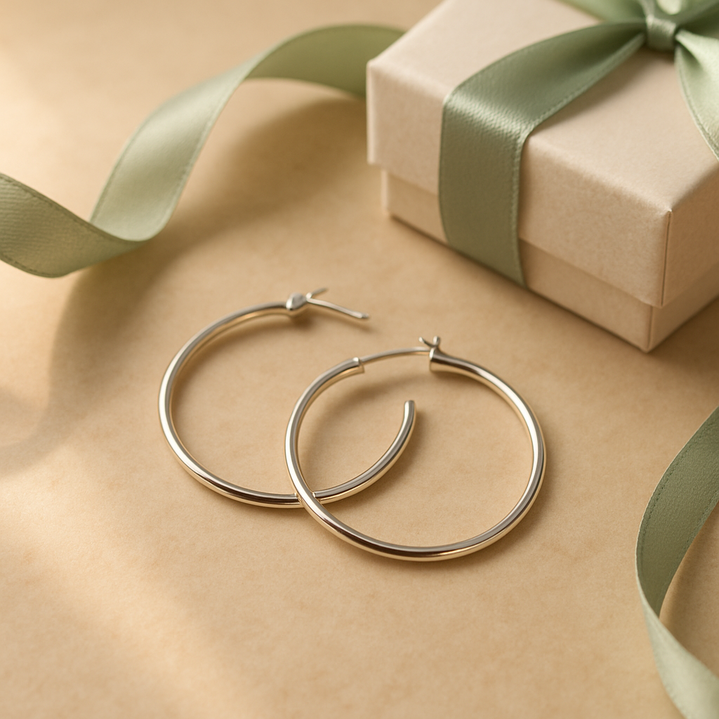 Delicate silver hoop earrings beside ribbon and gift box detail
