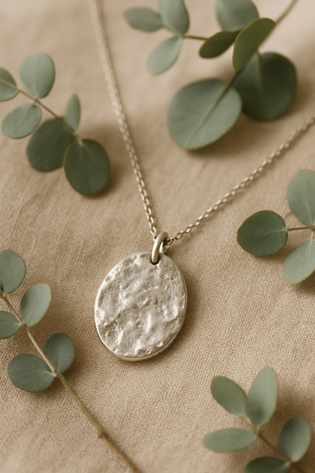 Handmade silver pendant necklace laid on warm linen with eucalyptus