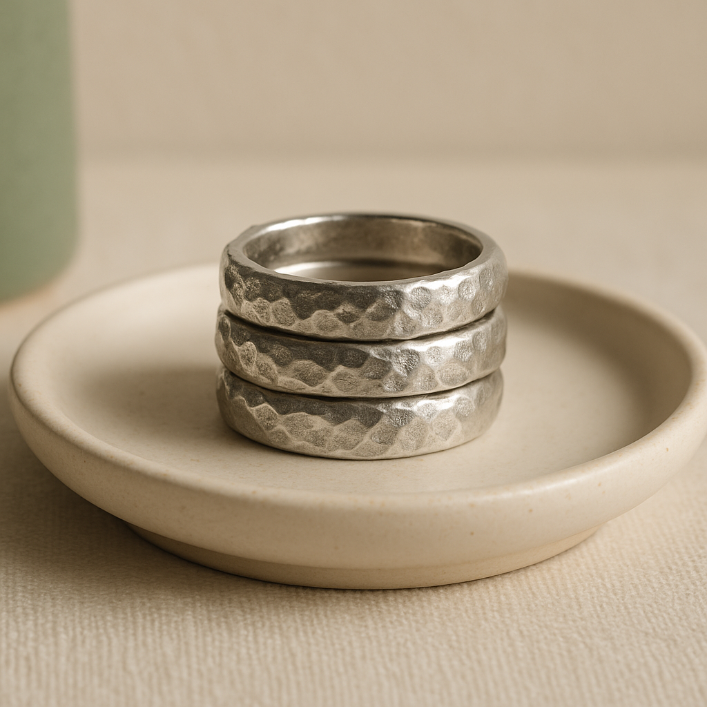 Stacked hammered silver rings on a ceramic dish with soft morning light