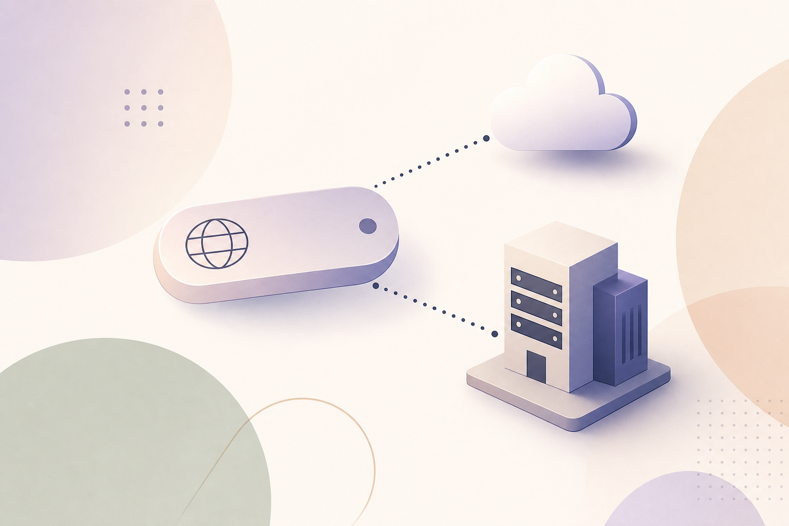 Stylized illustration of a network map: a floating domain tag connected by dotted lines to a tiny server building and a cloud, with minimal icons and soft gradients