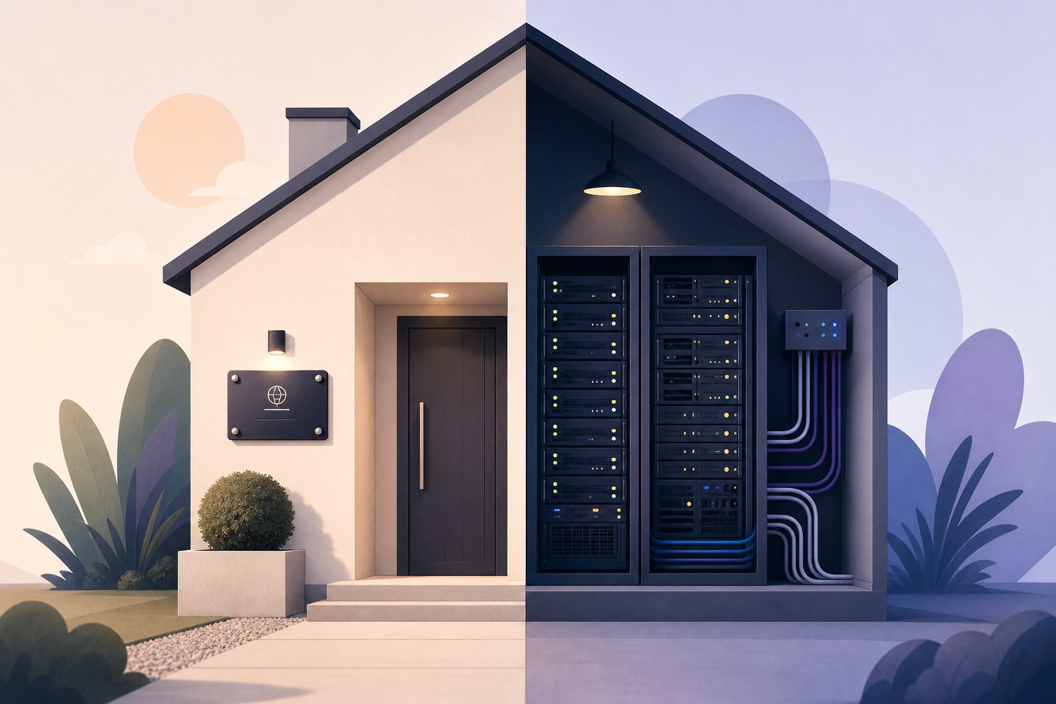 Editorial illustration of a minimalist house split into two halves: one side shows a sleek address plaque and door, the other reveals server racks and cables, in a refined, design-forward style