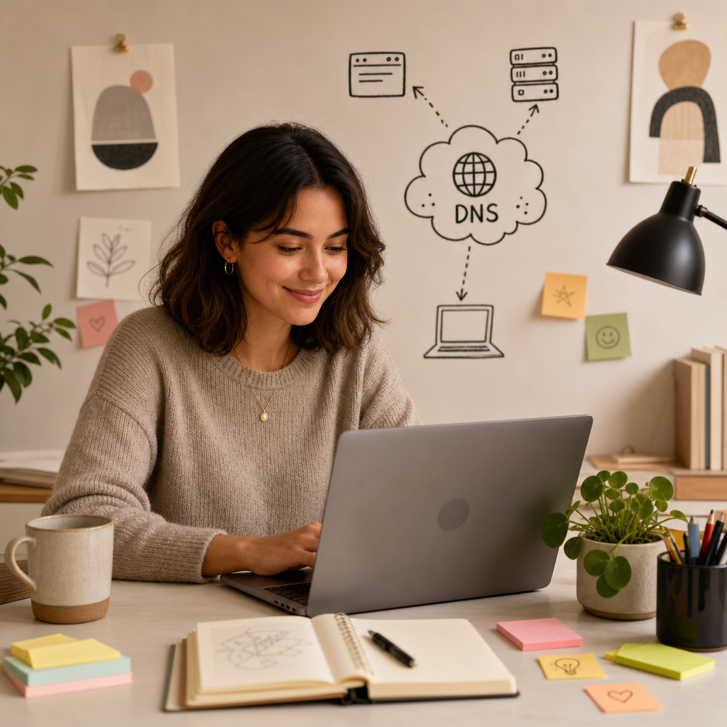 Stylized portrait of Joana at a desk with a laptop, sticky notes, and a playful DNS diagram on the wall