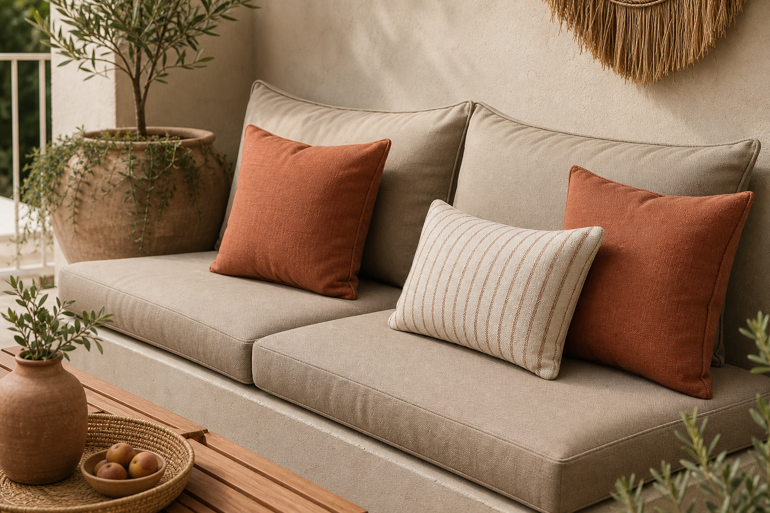 Outdoor-ready cushions for terraces, balconies and resort projects.