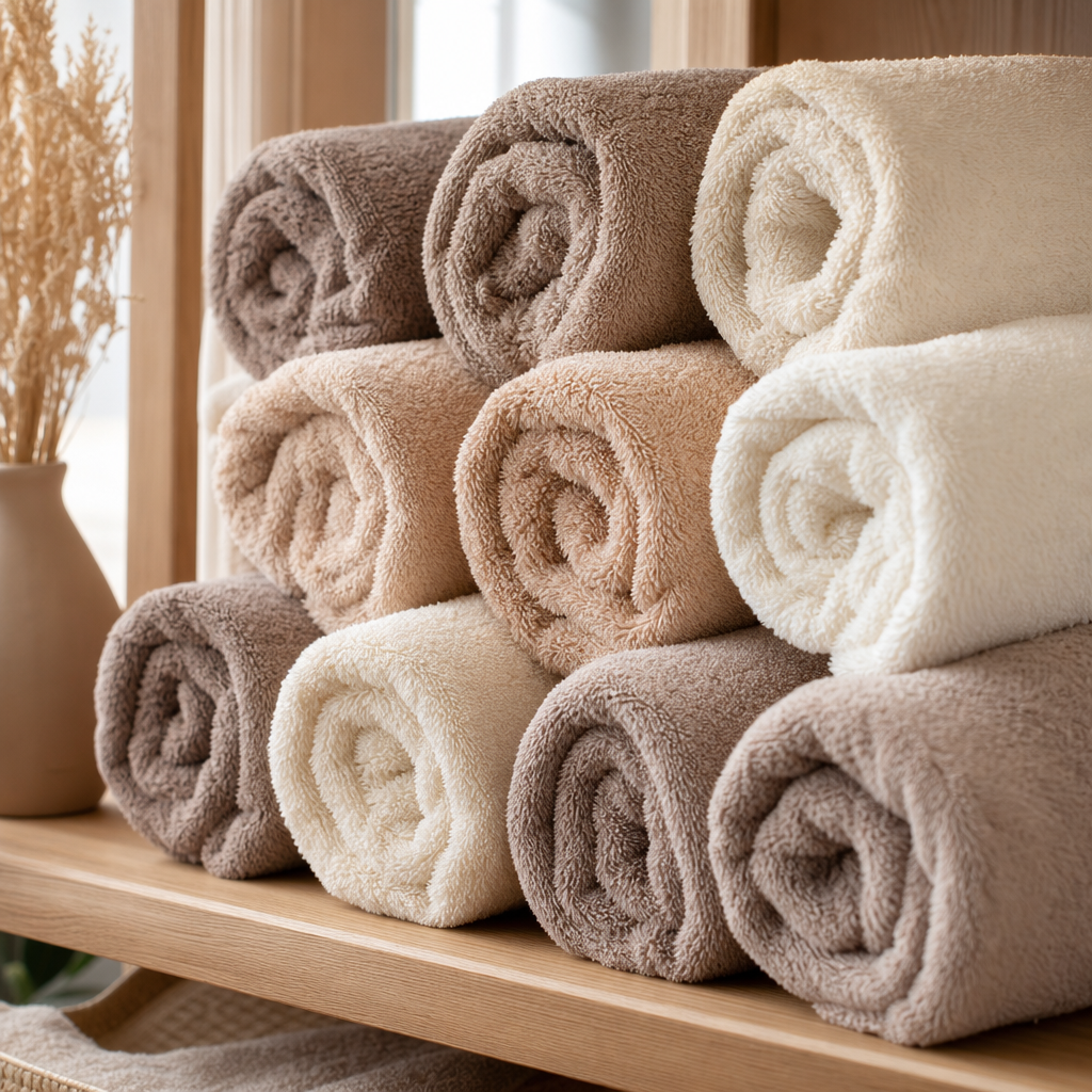 Rolled bath towels in warm neutral tones arranged on a wooden shelf