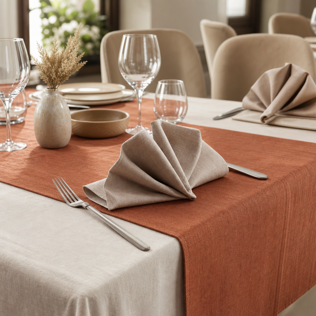 Elegant restaurant table setting with a terracotta table runner and linen napkins