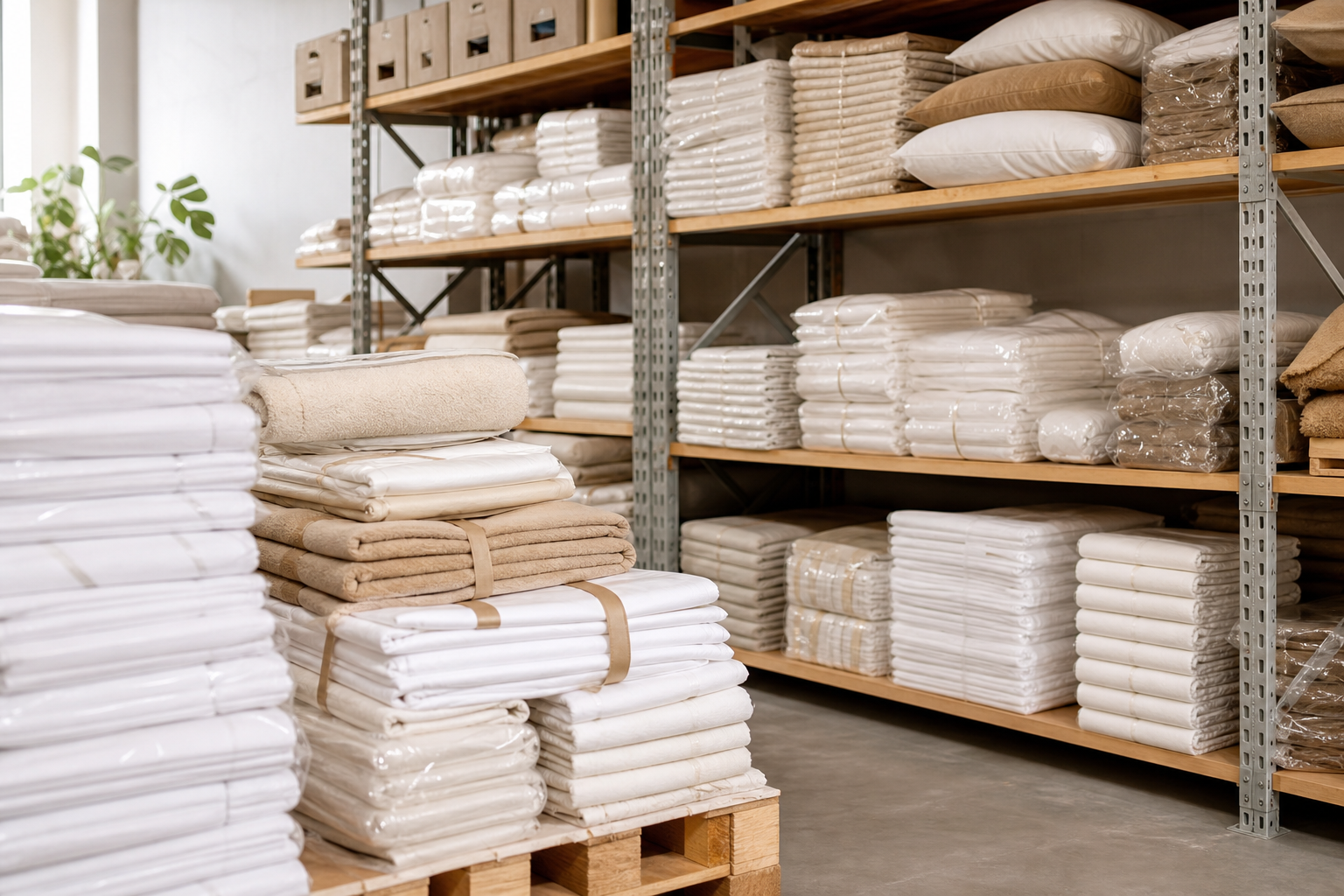 Stacks of neatly packed white and beige hotel linens in a clean textile warehouse