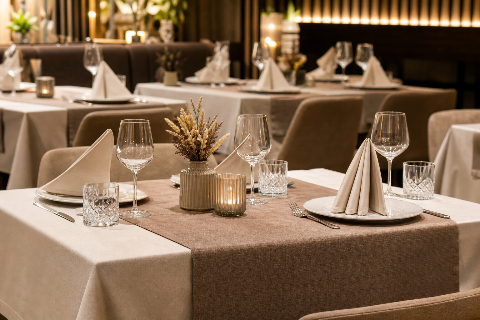 Elegant restaurant table set with neutral tablecloths, runners, and neatly folded napkins