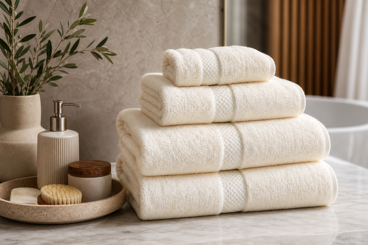 Stack of plush warm ivory bath towels with textured weave beside spa accessories