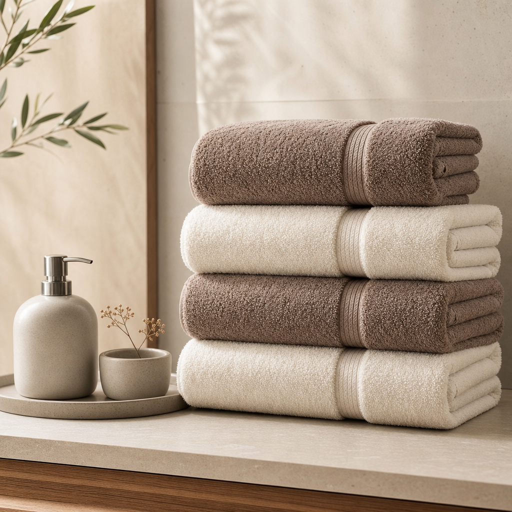 Stack of plush bath towels in warm taupe and cream tones on a spa shelf