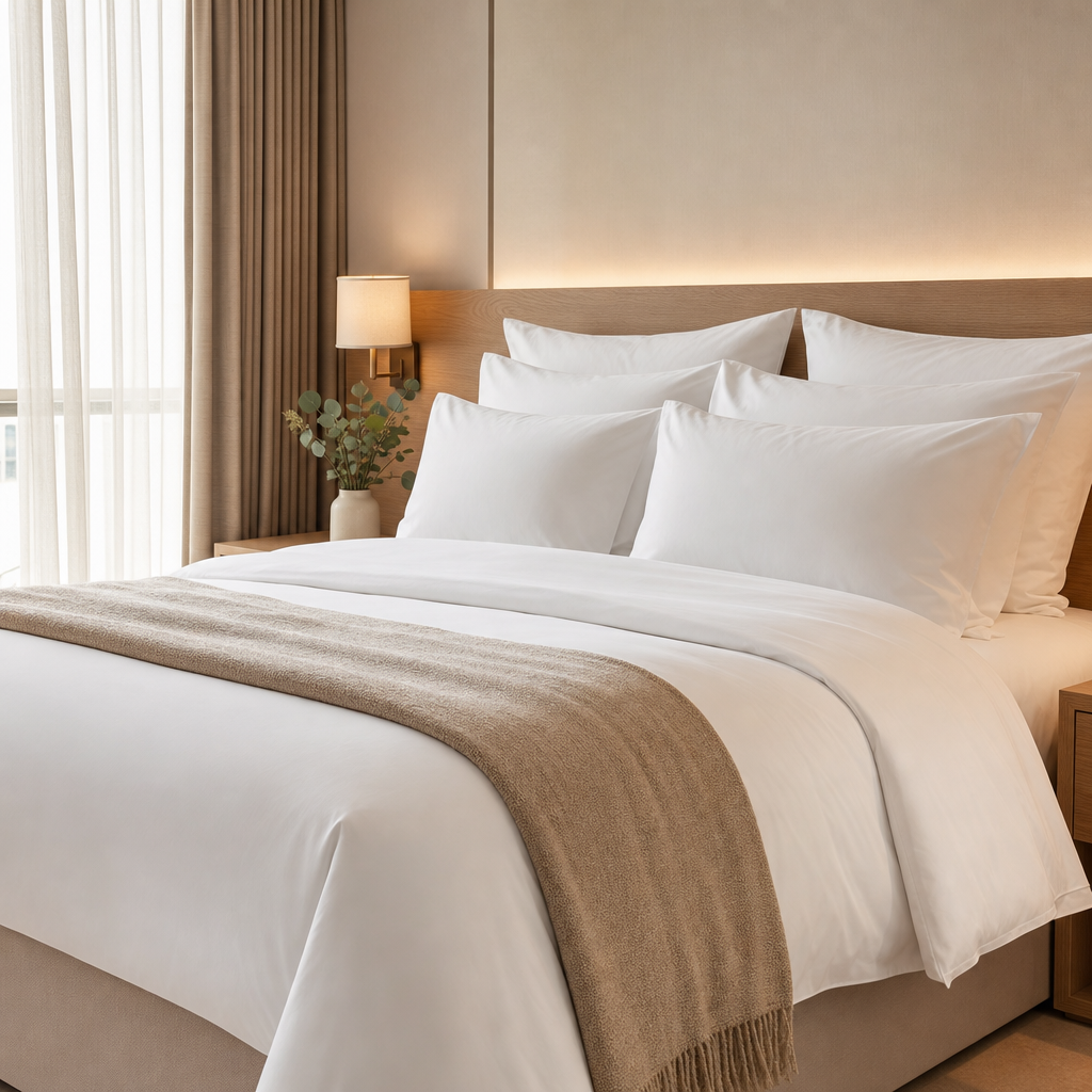 Crisp white hotel bed with layered duvet, pillows and soft beige throw