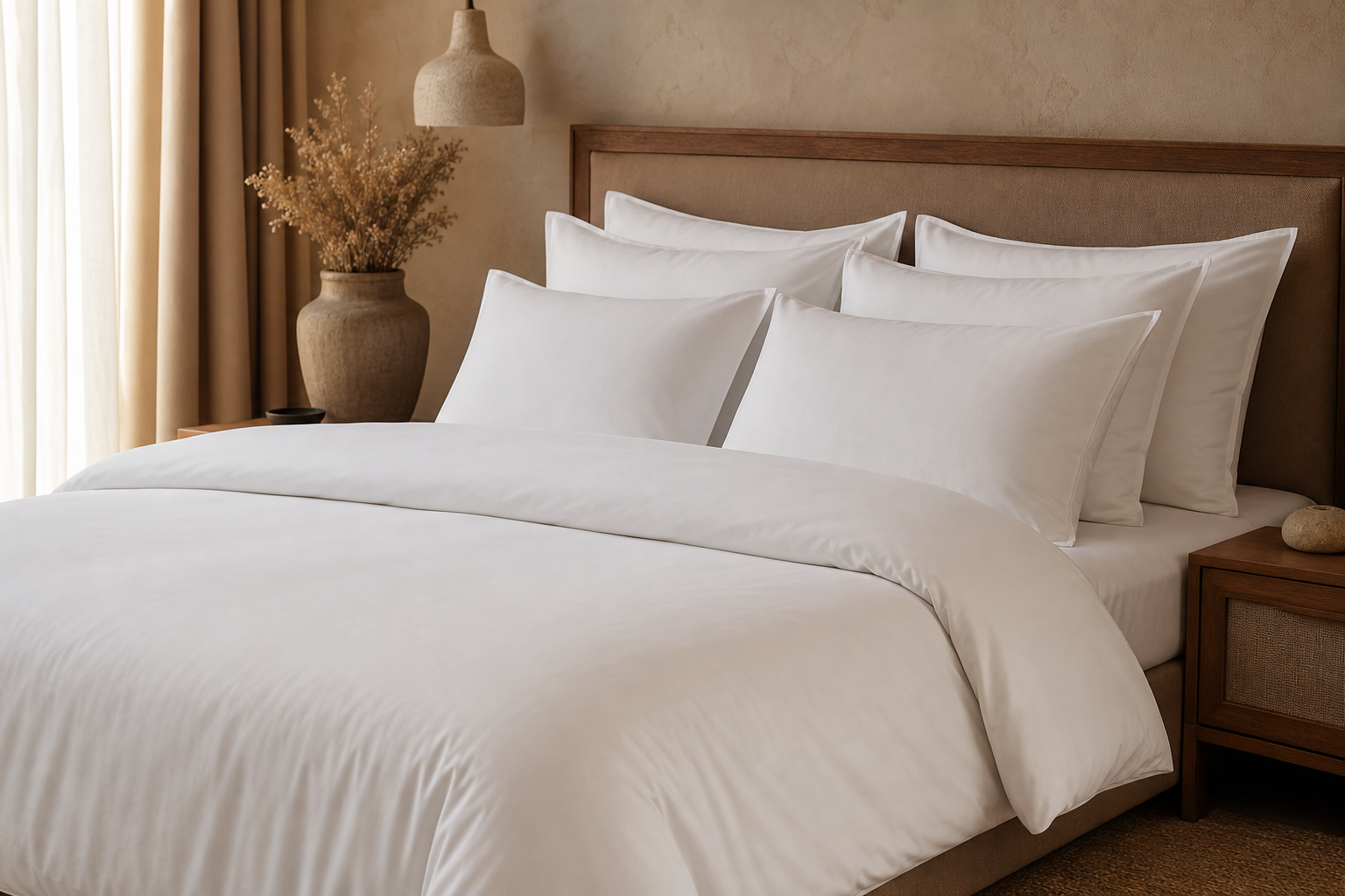 Neatly layered white hotel bedding set with crisp duvet and pillows on a warm-toned bed