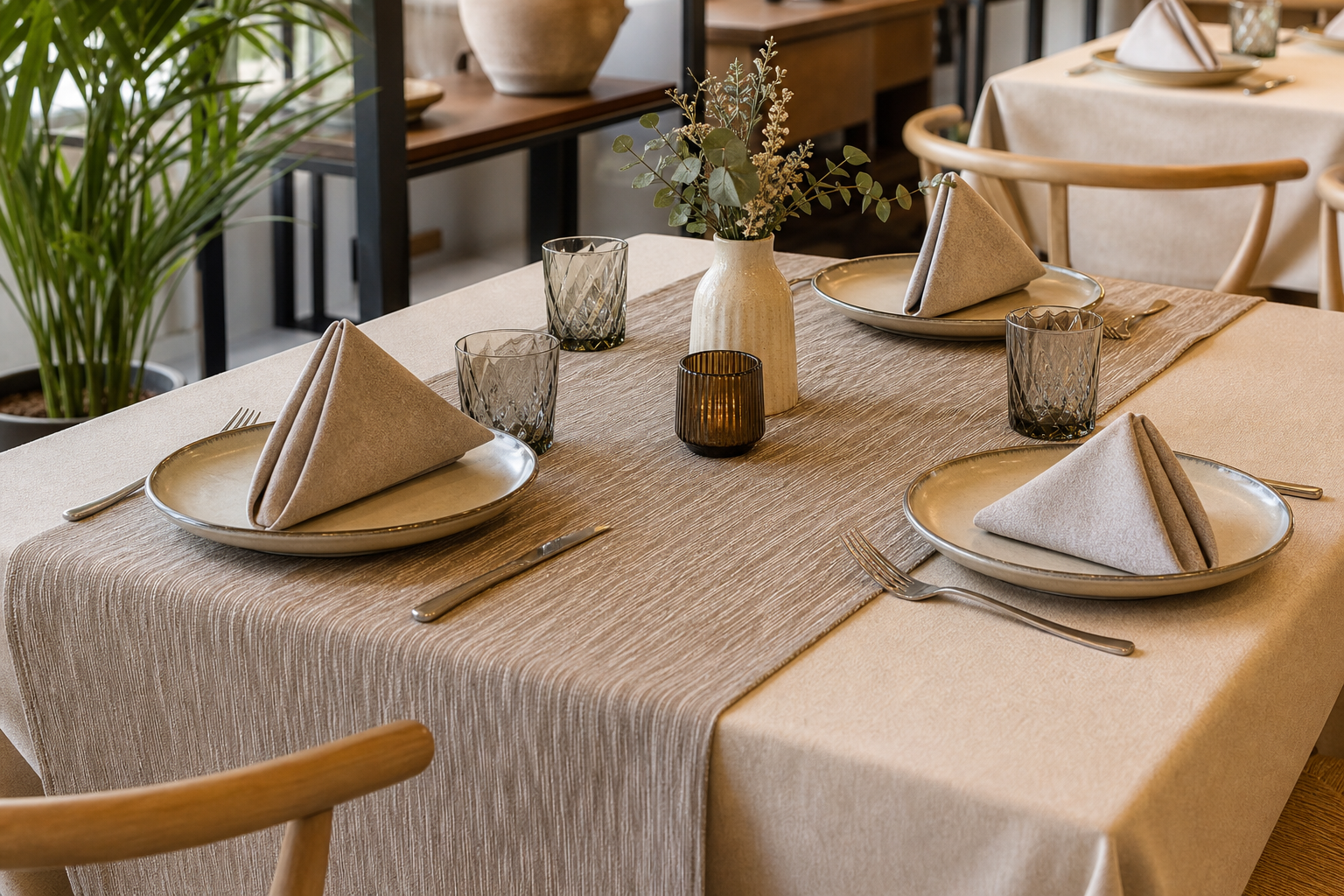 Restaurant table setup with textured table runner, matching napkins, and soft neutral linens