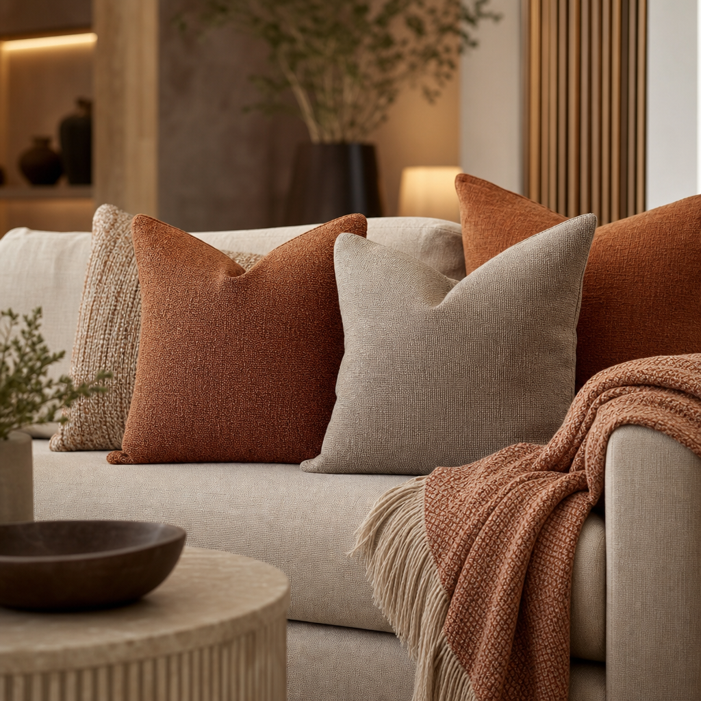 Set of textured sofa cushions with a soft woven throw in terracotta and sand tones