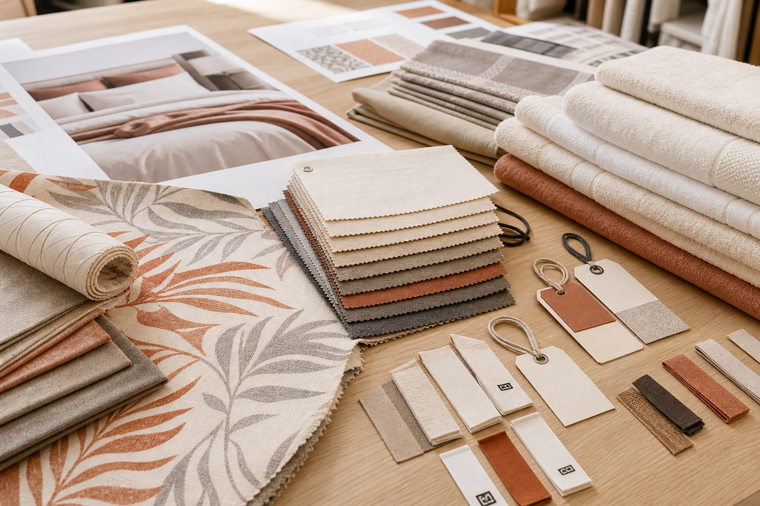 Worktable with fabric swatches, printed textile samples, and brand label tags for private label production