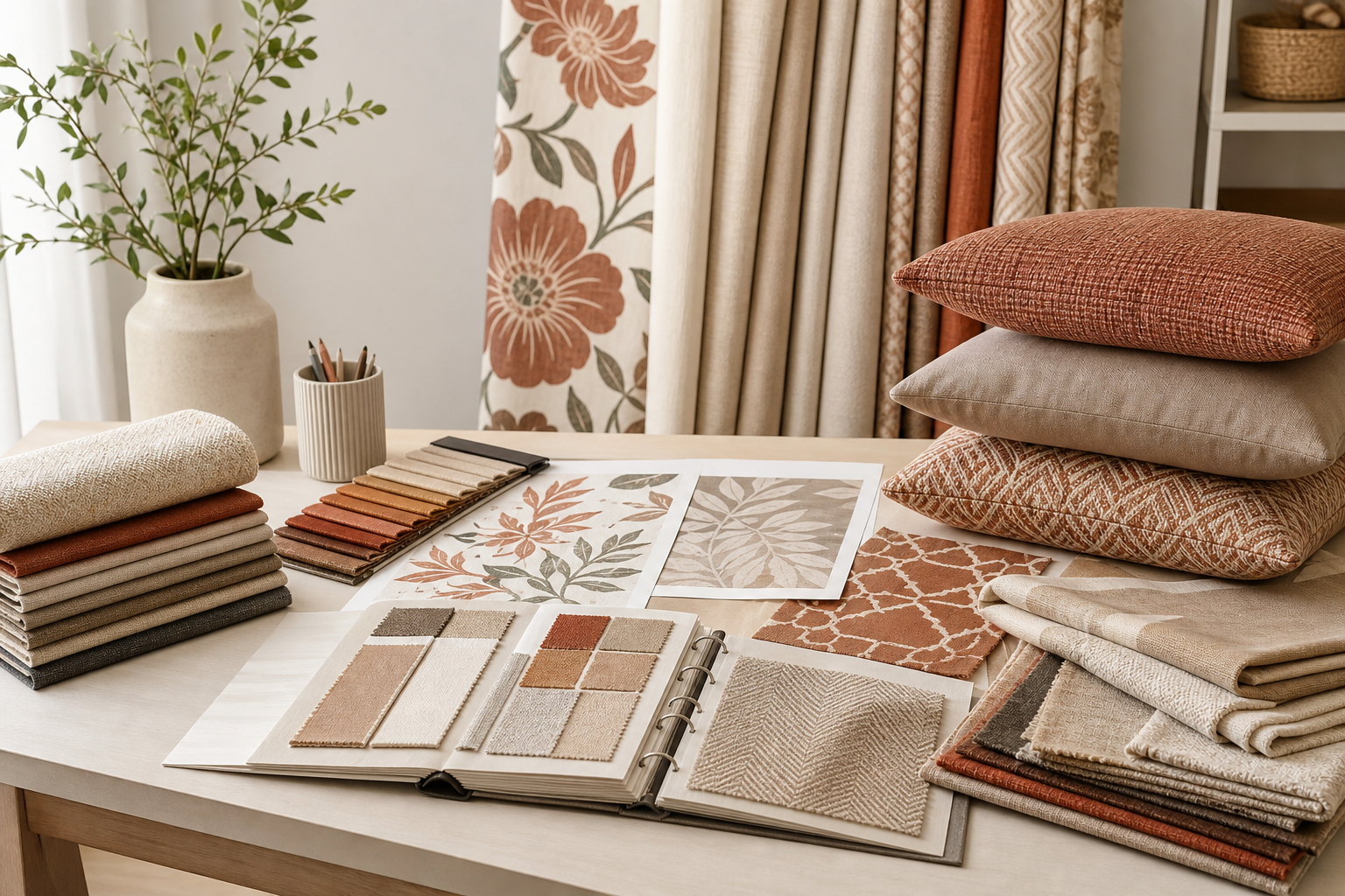 Textile studio table with fabric swatches, printed patterns, and folded sample cushions in warm earth tones
