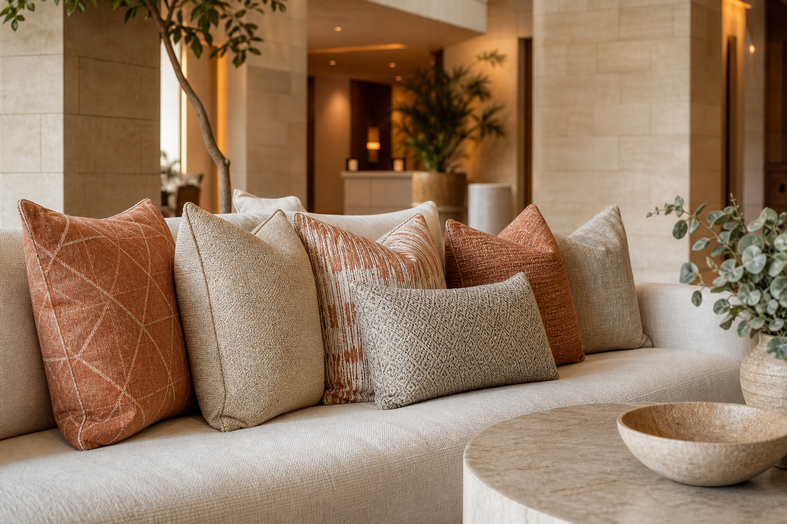 Coordinated cushion sets for lobby seating and public interior styling.