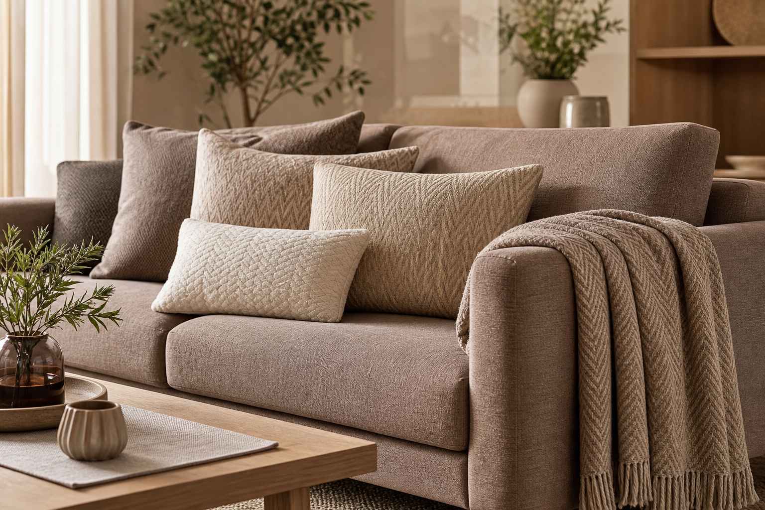 Warm taupe sofa with textured throw pillows and a soft woven blanket in a modern interior