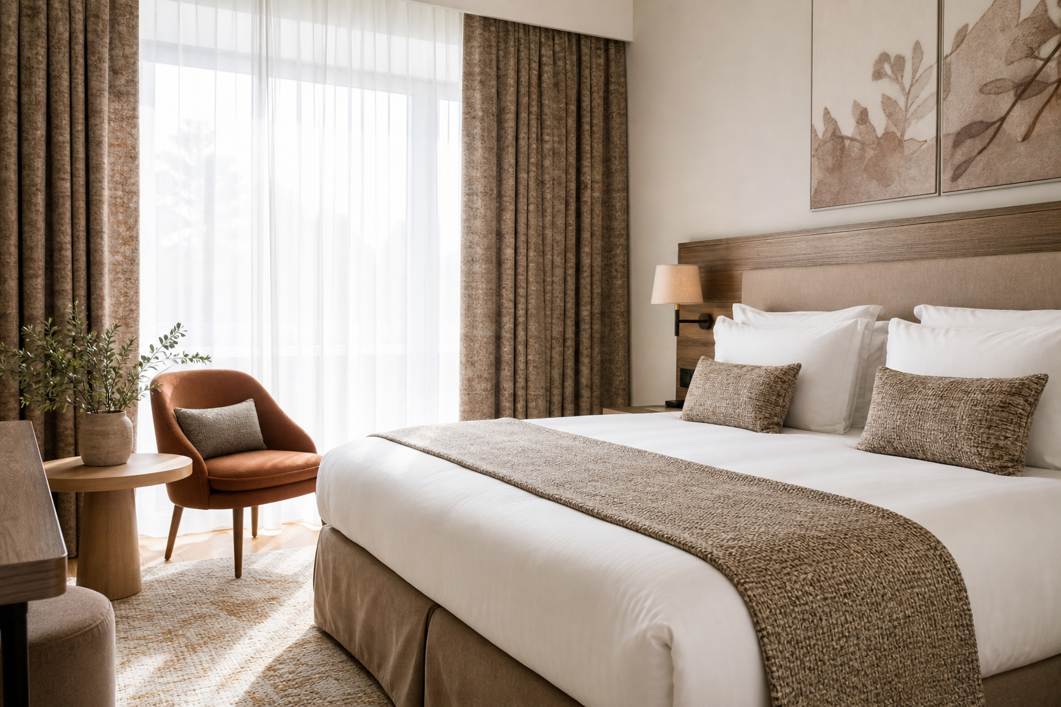 Bright hotel room with fresh white bedding, textured throw, and coordinated curtains in warm neutral tones