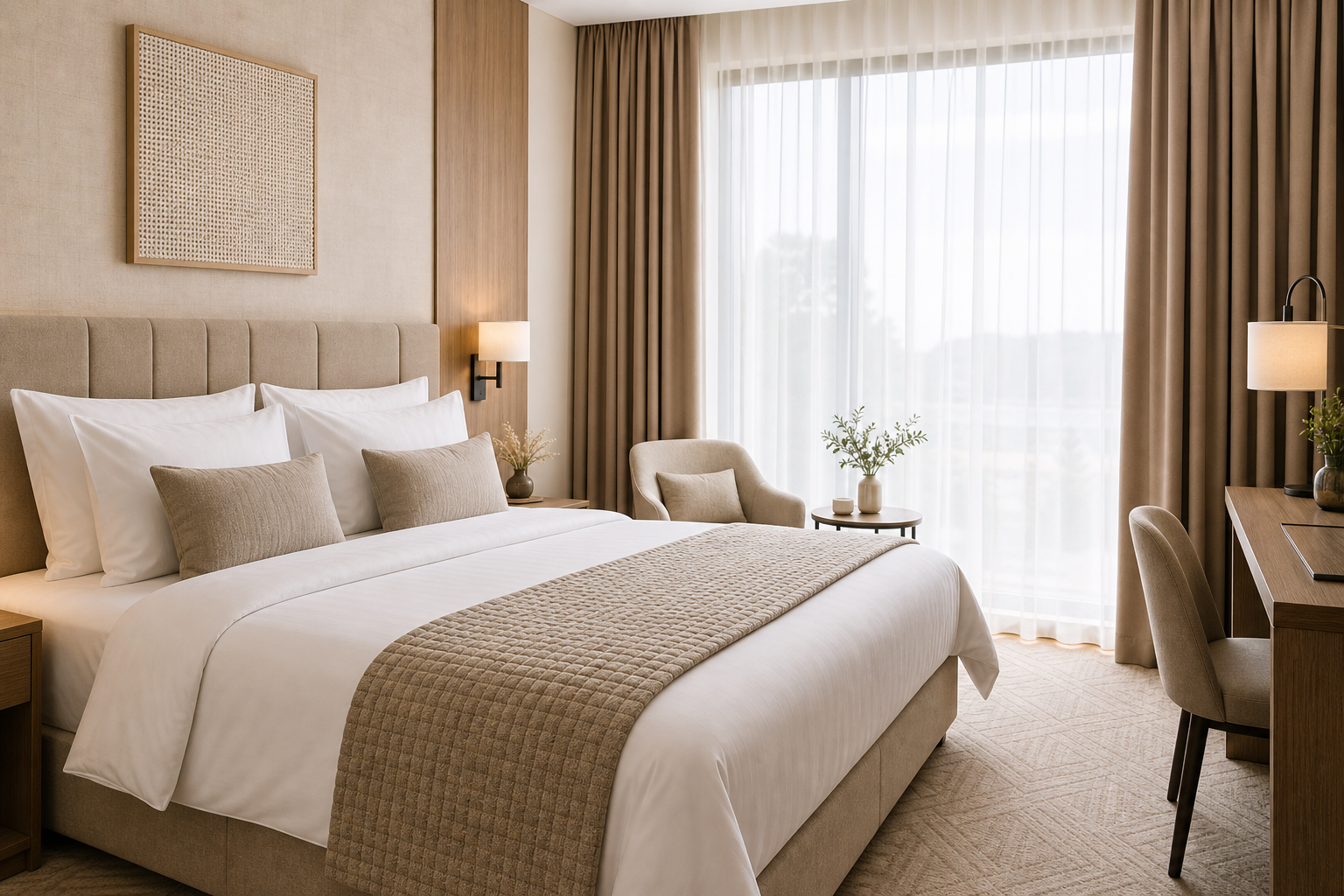 Bright hotel room with crisp white bedding, textured throw, and coordinating curtains ready for a full room textile fit-out