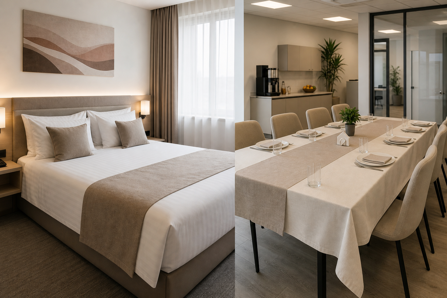 Corporate guest room with neatly made bed and adjacent staff canteen table linens in coordinated neutral tones