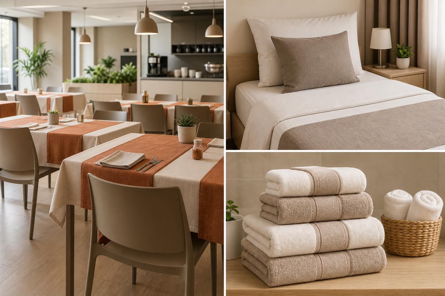 Contemporary office canteen with coordinated table linens and staff accommodation textiles neatly arranged