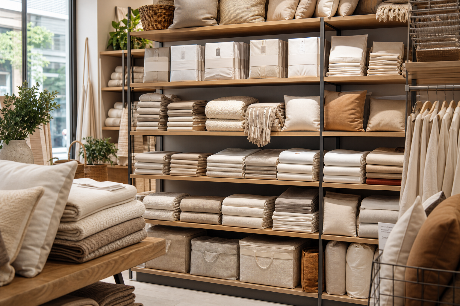 Retail shelving with folded neutral bed linen sets, throws, and cushions arranged in a modern home goods store