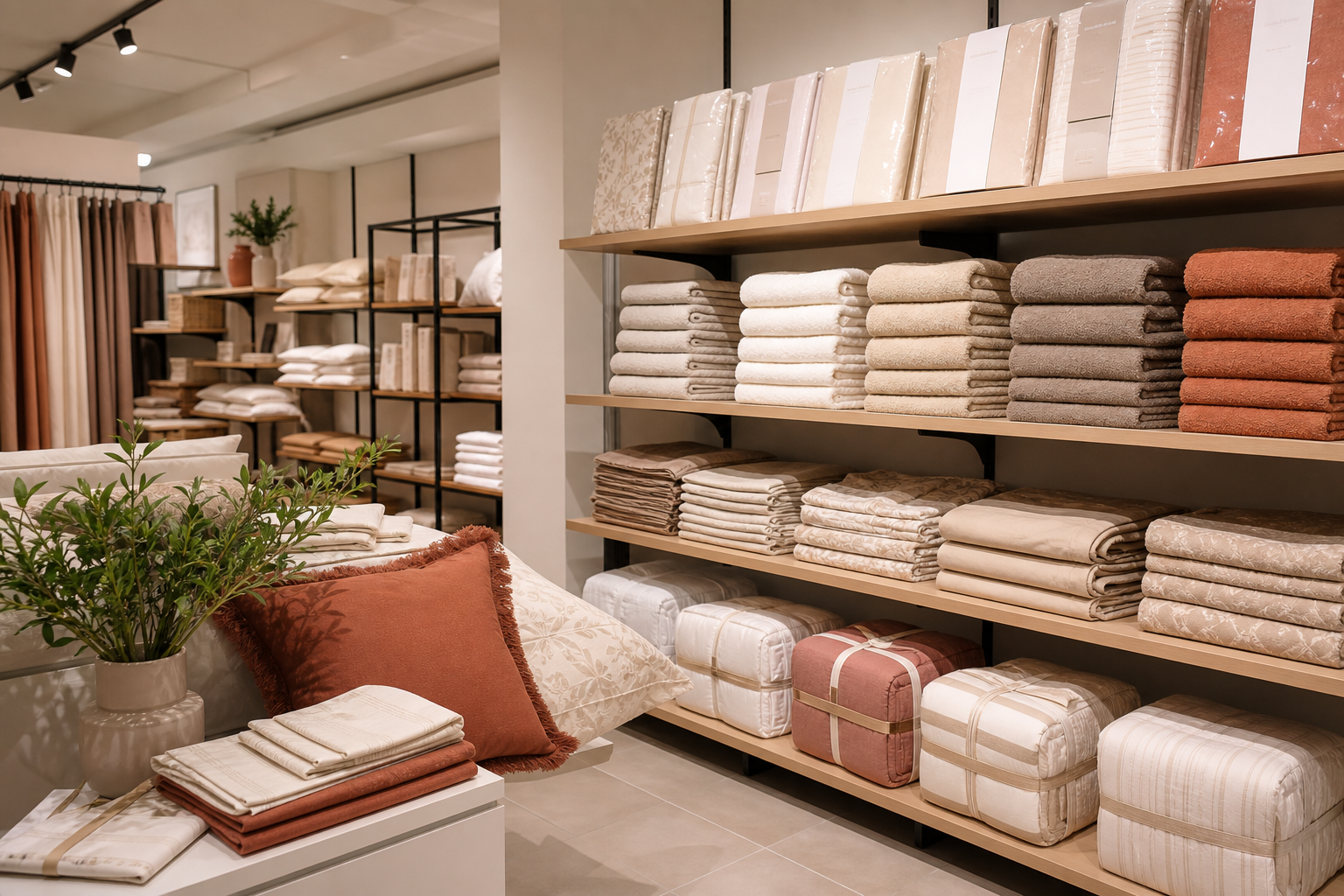 Modern retail home goods aisle with neatly stacked bed linen sets and folded towels in warm neutral colors