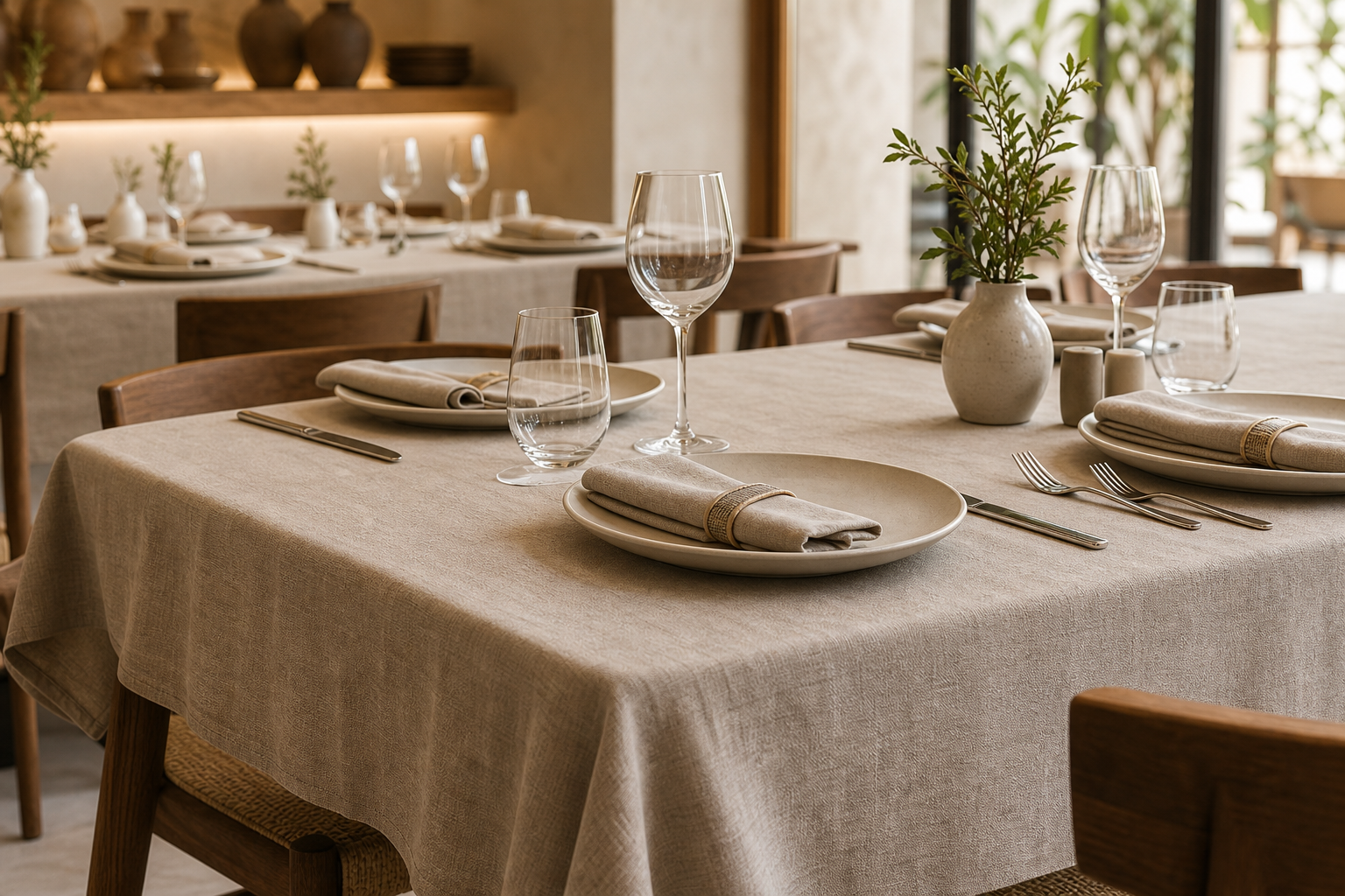 Neutral-toned linen tablecloth with folded napkins, ceramic plates, and soft natural light