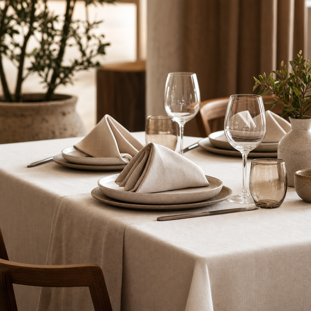 Neutral tablecloth with folded napkins and natural ceramic tableware