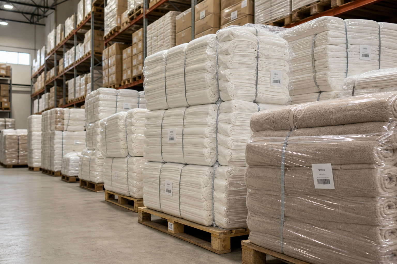 Warehouse scene with stacked hotel linen bales and wrapped bath towels prepared for wholesale distribution