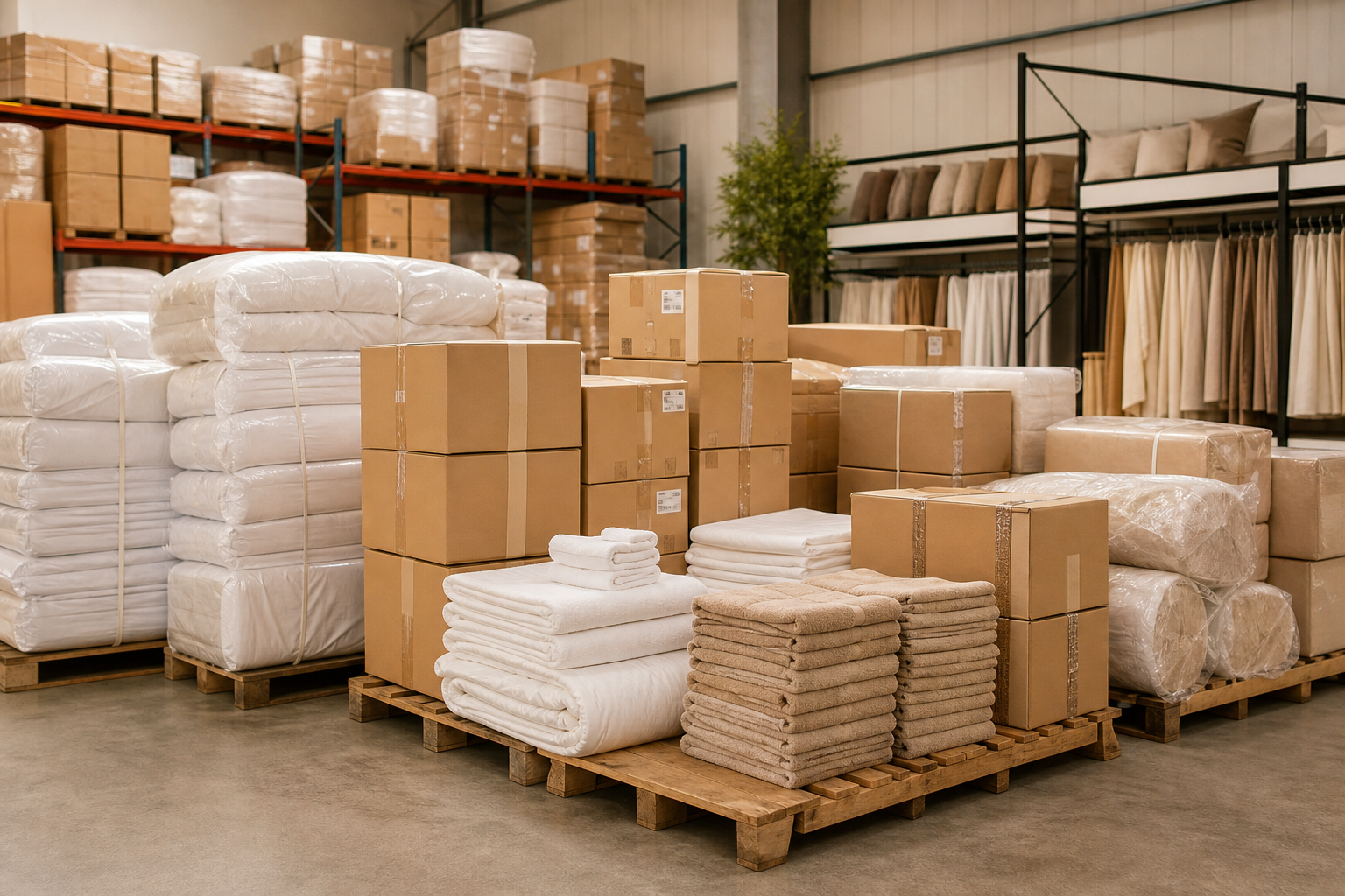 Warehouse staging area with stacked cartons of hotel bedding, towels, and labeled bulk textile packages