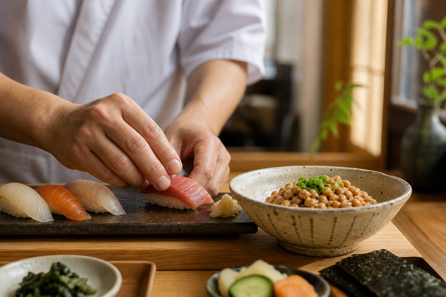 Calm close-up of careful sushi and natto preparation at a small wooden counter