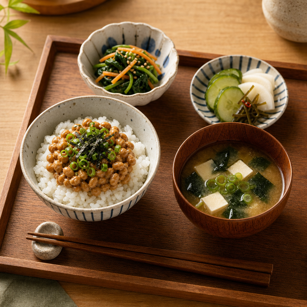 Illustrated casual Japanese meal tray with rice bowl, miso soup, and two side dishes