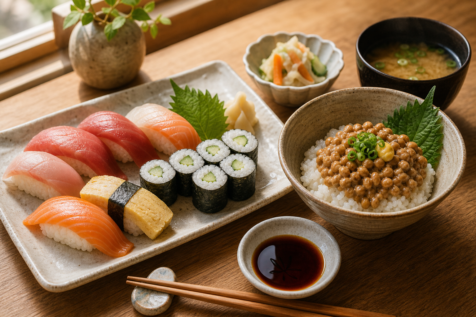 Beautifully plated sushi assortment beside a natto rice set on a clean wooden tabletop with chopsticks and subtle seasonal garnish
