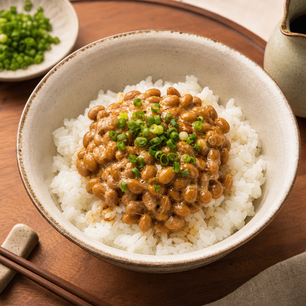 Illustrated natto rice bowl with glossy fermented soybeans, chopped green onion, and warm white rice