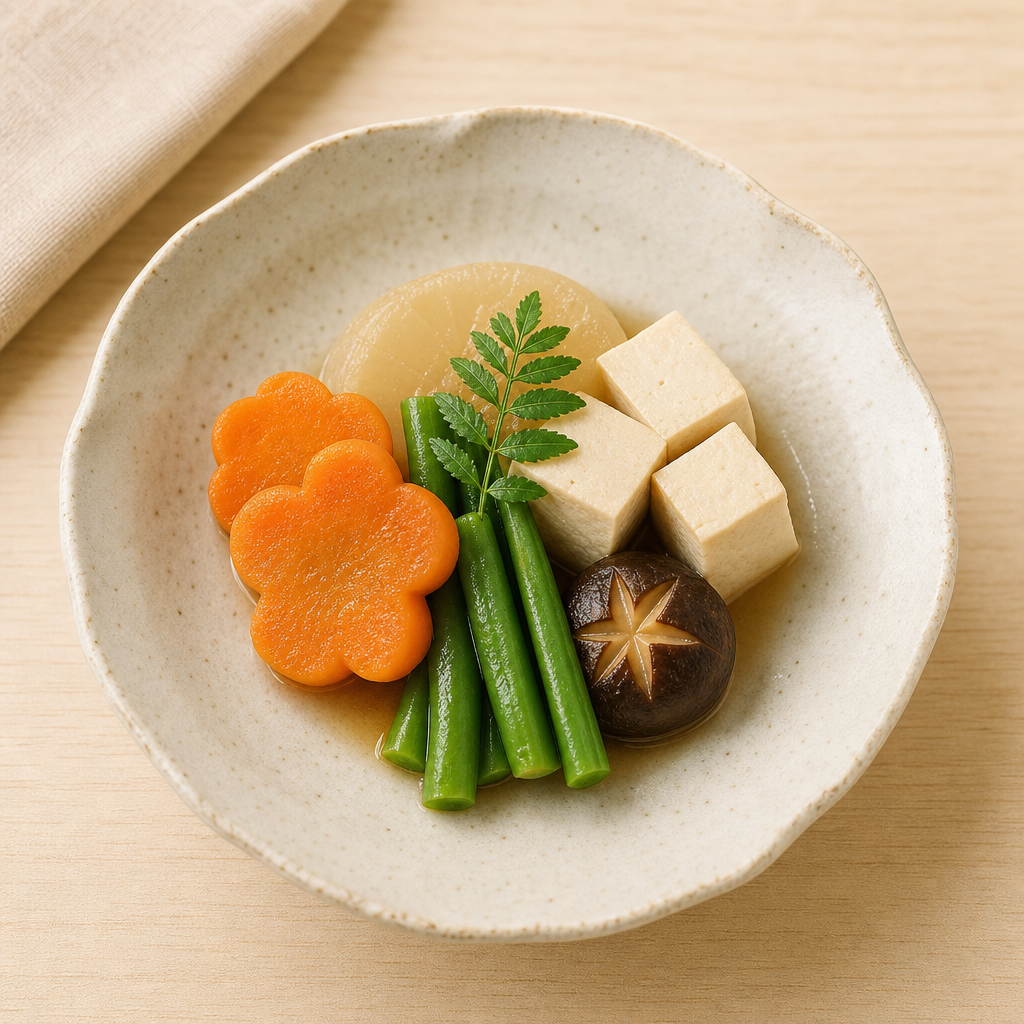 Illustrated small Japanese side dish plate with simmered vegetables and colorful seasonal garnish
