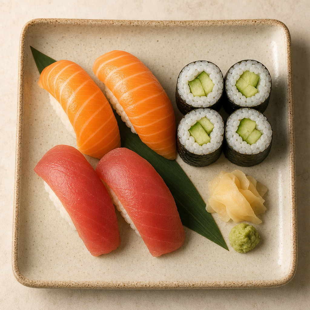 Illustrated sushi set plate with salmon nigiri, tuna nigiri, and cucumber roll pieces on a ceramic tray