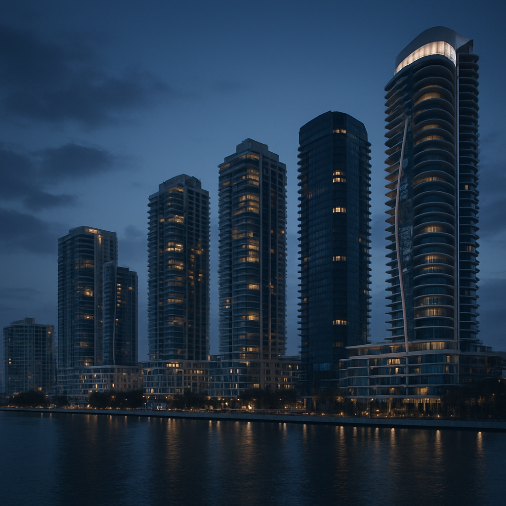 Modern high-rise South Florida skyline at dusk, luxury condos and hotels with dramatic navy lighting, premium executive feel
