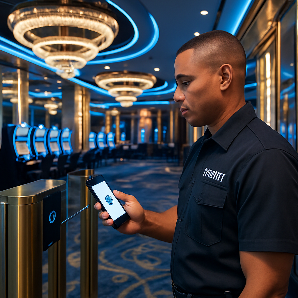 Luxury casino with glass and gold finishes, blue and white lighting, and a security officer using a smartphone for touchless access at a modern entry system