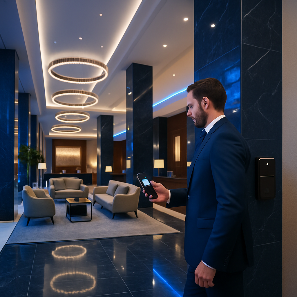 Executive hotel lobby with navy marble, high ceilings, and blue accent lighting; a guest enters using mobile credentials at a premium access reader