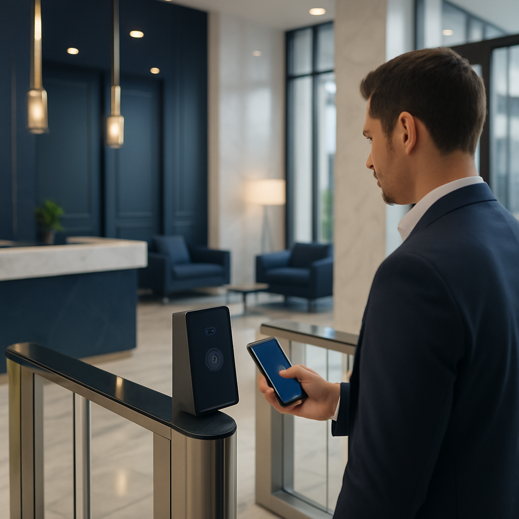 Brivo cloud access in a luxury condominium lobby with glass, marble, and executive lighting; a person uses mobile credentials at a sleek entrance panel, ultra-modern and secure atmosphere