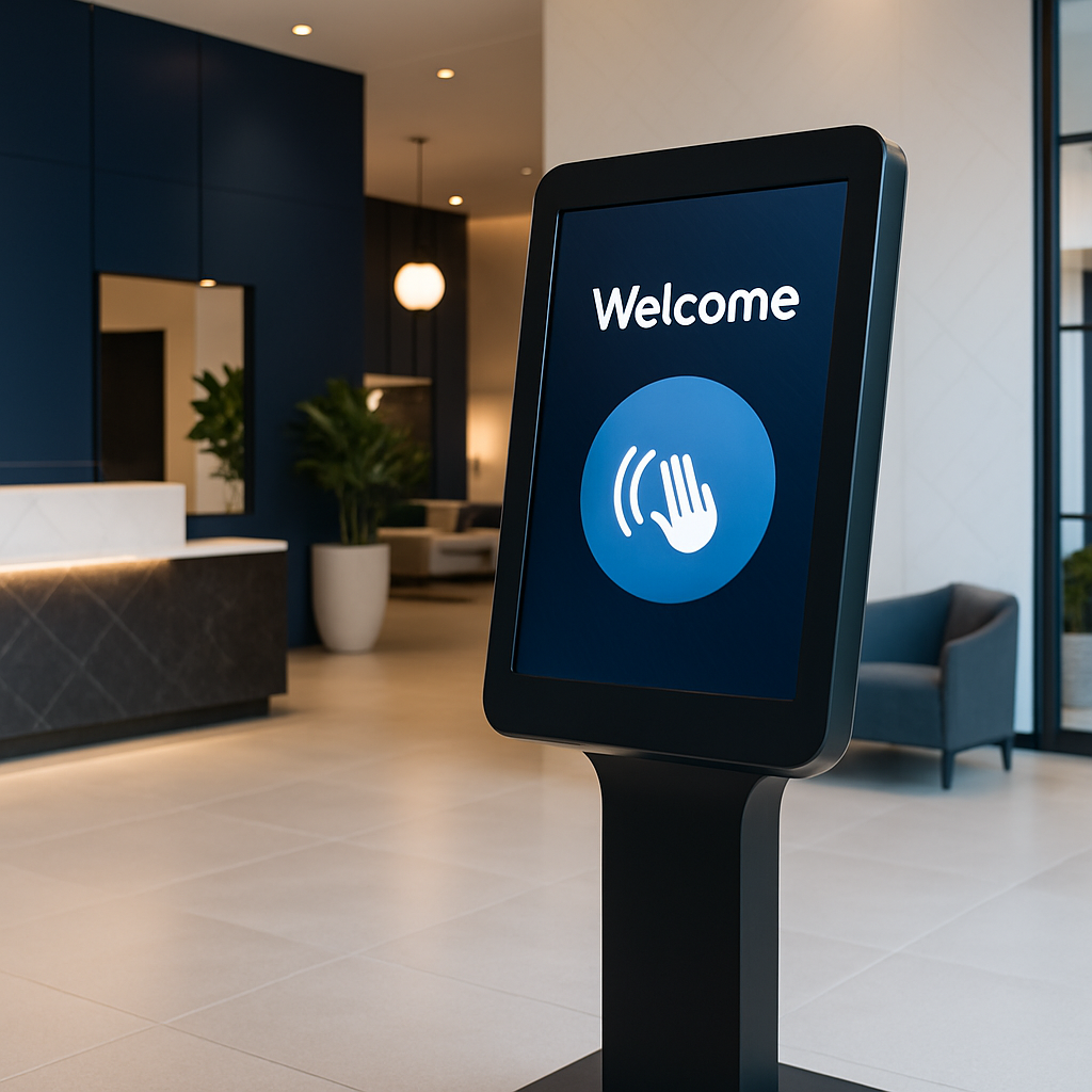 Touchless visitor kiosk in an upscale lobby