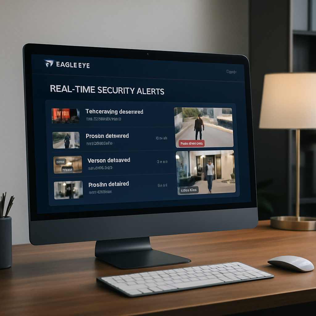 Eagle Eye real-time security alerts interface on a premium office desktop