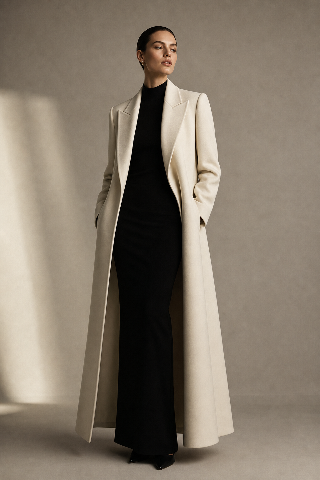 Full-length black-and-ivory tailored look with clean lines, structured wool, and soft studio lighting