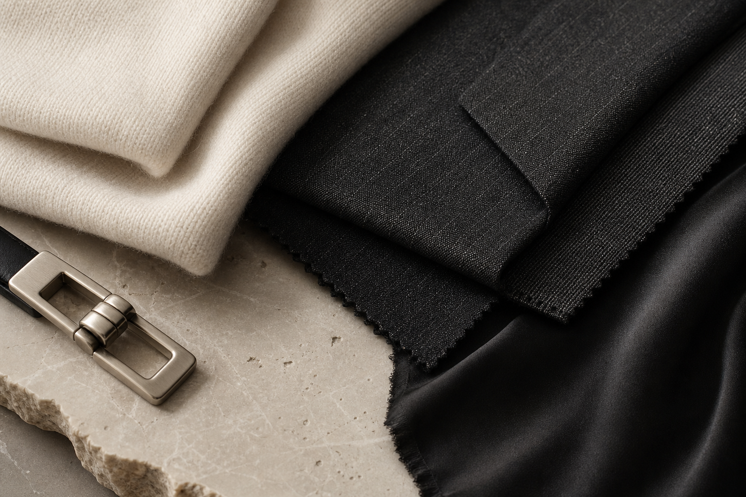 Refined textile composition of ivory cashmere, charcoal suiting cloth, and subtle brushed metal details