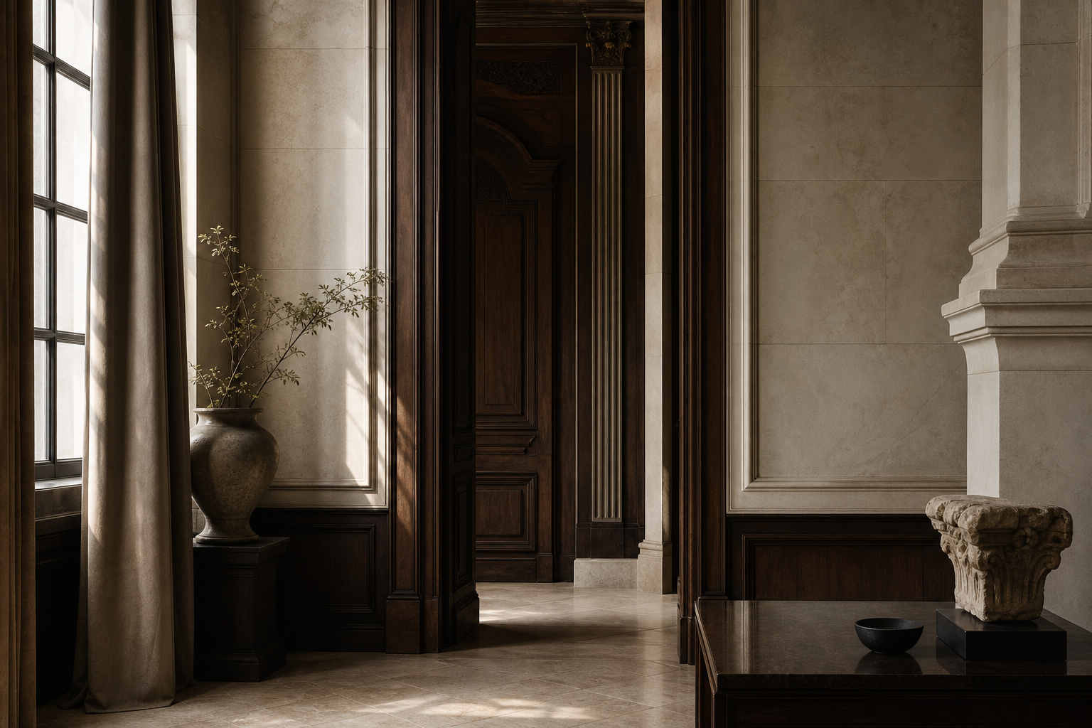 Heritage interior with pale stone walls, dark wood detailing, and restrained natural light